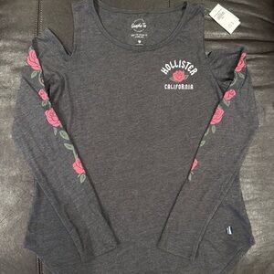 Hollister Dark Gray Cold Shoulder Top with Pink Floral Design